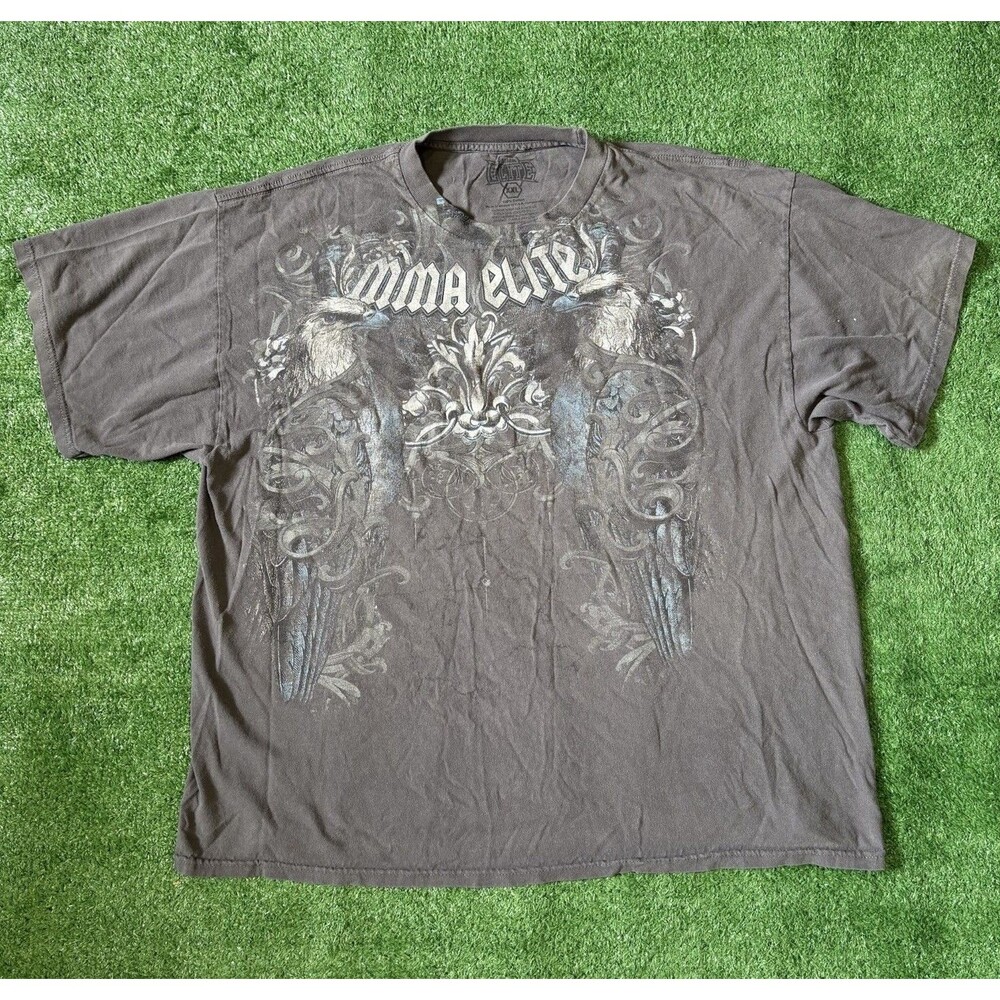 MMA Elite Shirt Mens 2XL Short Sleeve Double Sided Affliction Gray Eagle Punk